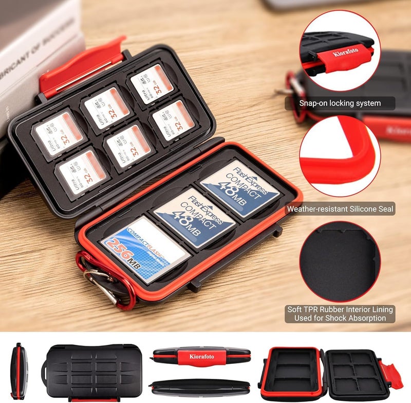 Kiorafoto 9 Slots Professional Water-Resistant Anti-Shock Holder Storage SD SDHC SDXC CF Memory Card Case Protector Cover with Carabiner for 6 SD Cards & 3 CF Compact Flash Cards - Image 2